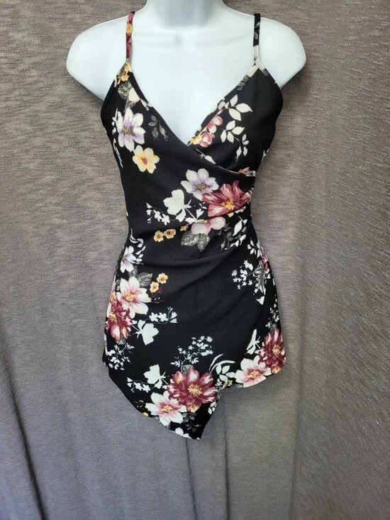 Womens Y2K Babydoll Asymmetric Fairy Grunge Romper Size S Black Floral Artsy - Picture 9 of 14